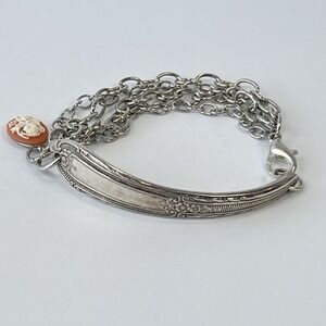 Vintage Silver Plated Recycled Spoon With Cameo Charm Unique Jewelry Bracelet